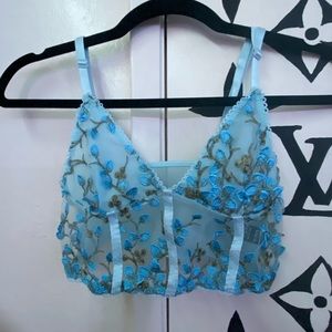 Women Y2K Bra Sheer Mesh Bralette Floral Embroidered Spaghetti Strap Crop Top